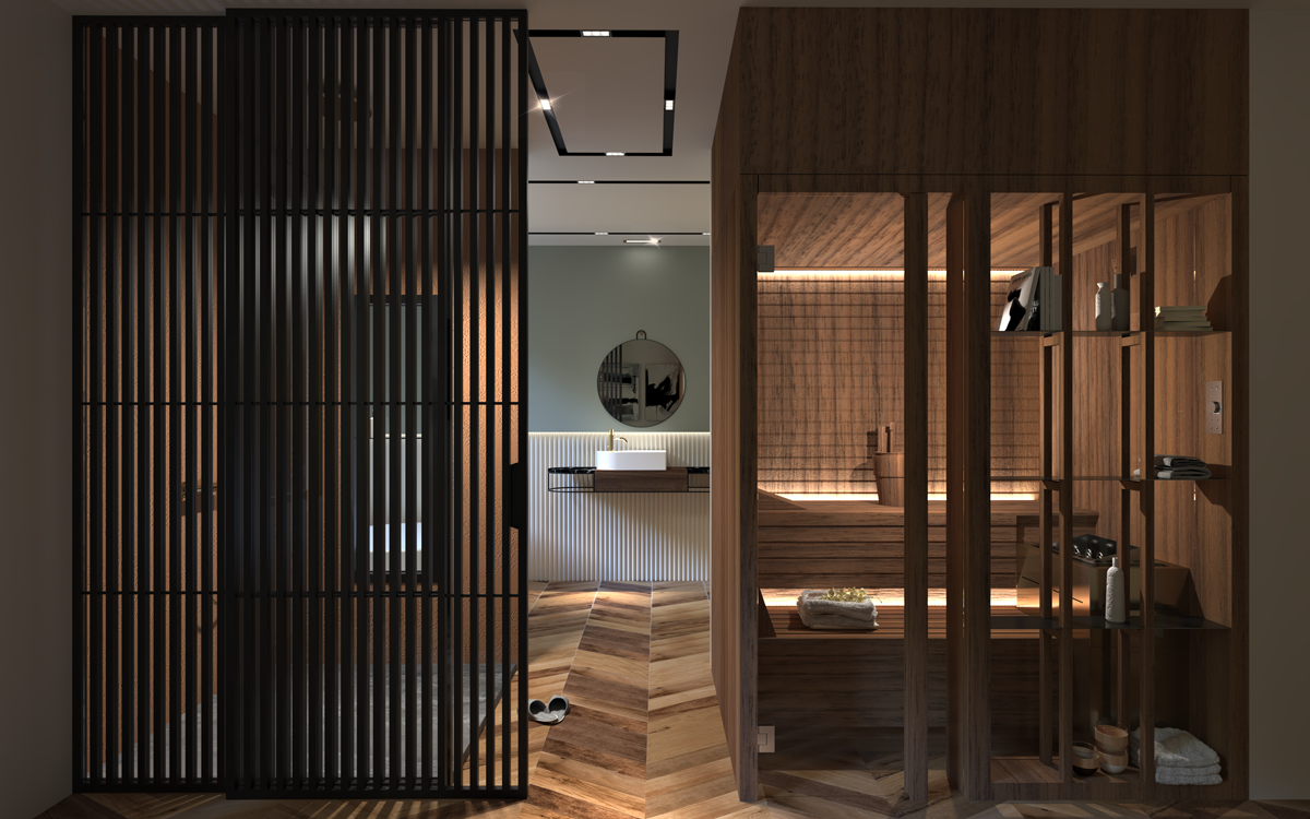 A modern bedroom with an in-room sauna leading to the bathroom area.