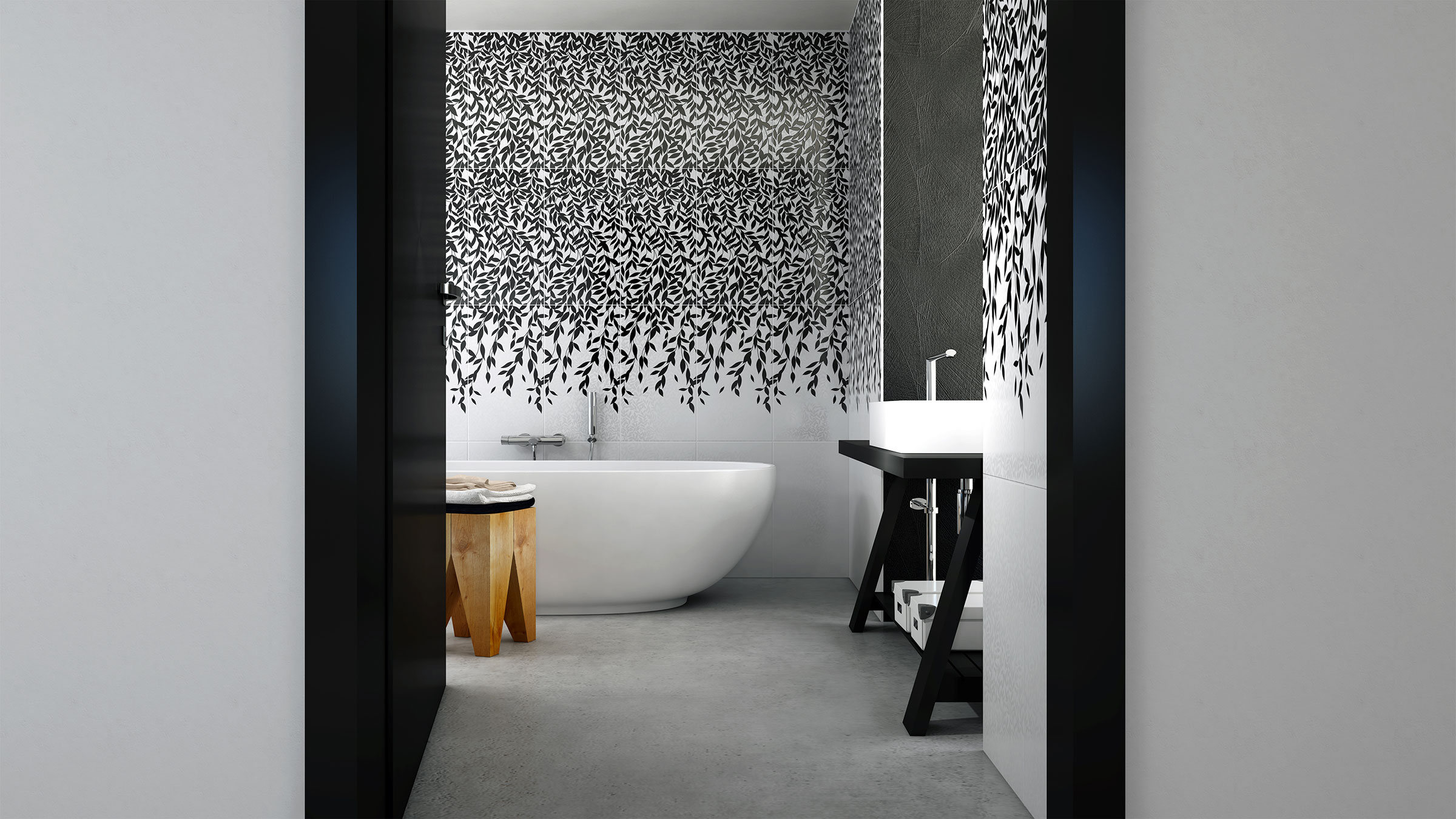 Bathroom rendering with feature wall tiling created with DomuS3D