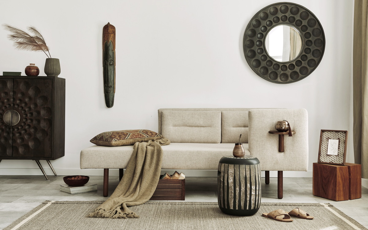 Living room with souvenirs on display