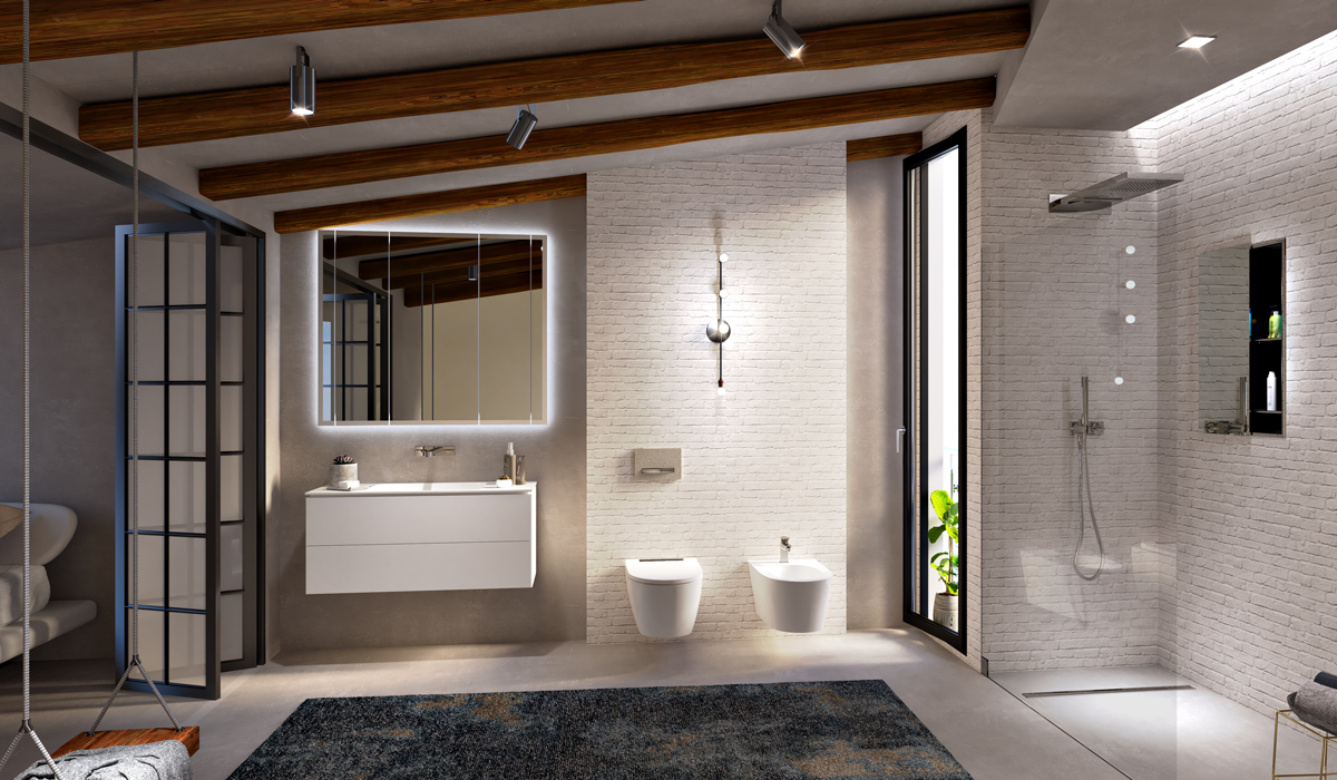 This industrial style bathroom combines natural and artificial light to give character to the space. 