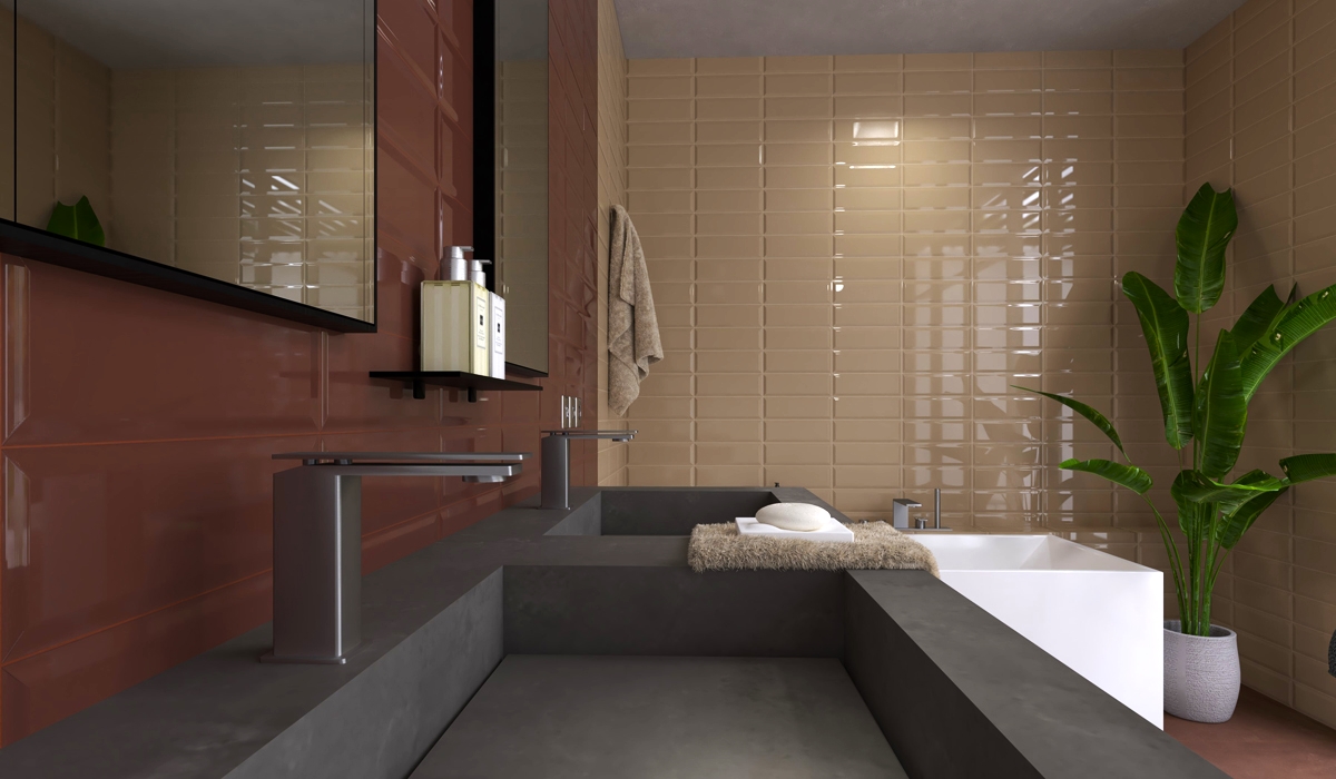 Subway tile in bathroom in beige and crimson red