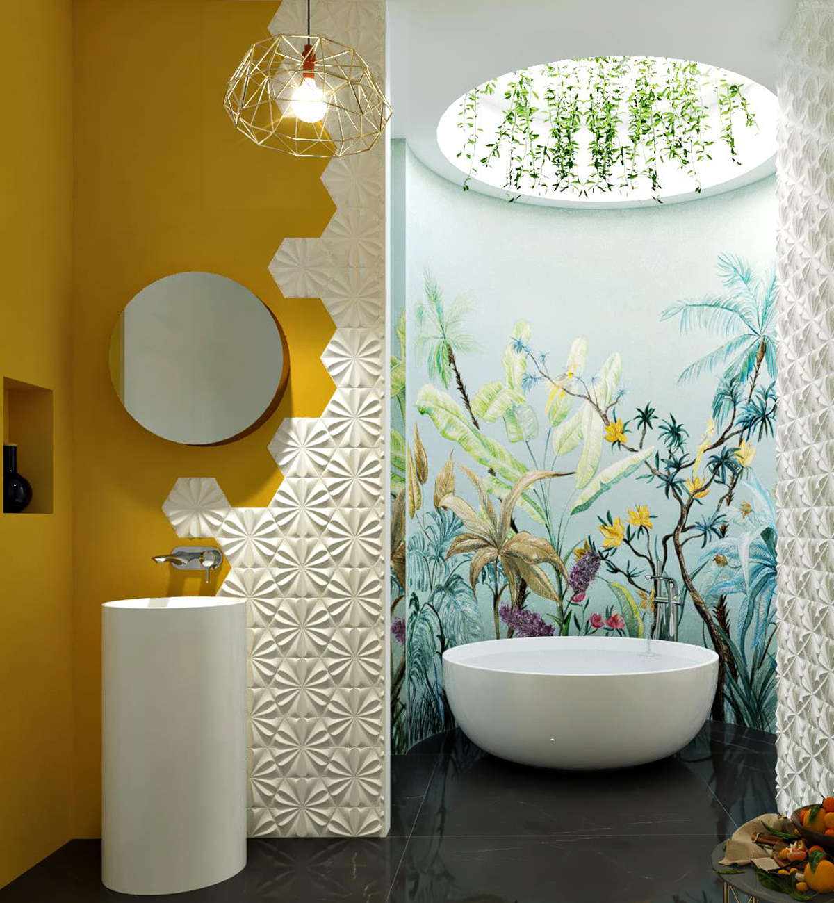 A modern bathroom showing a large round freestanding bathtub