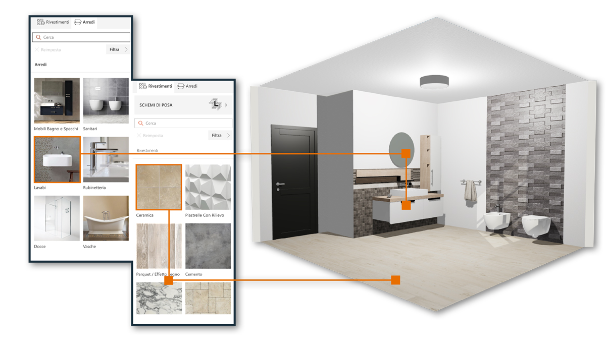 online design tool with custom 3D bathroom using a manufacturers products