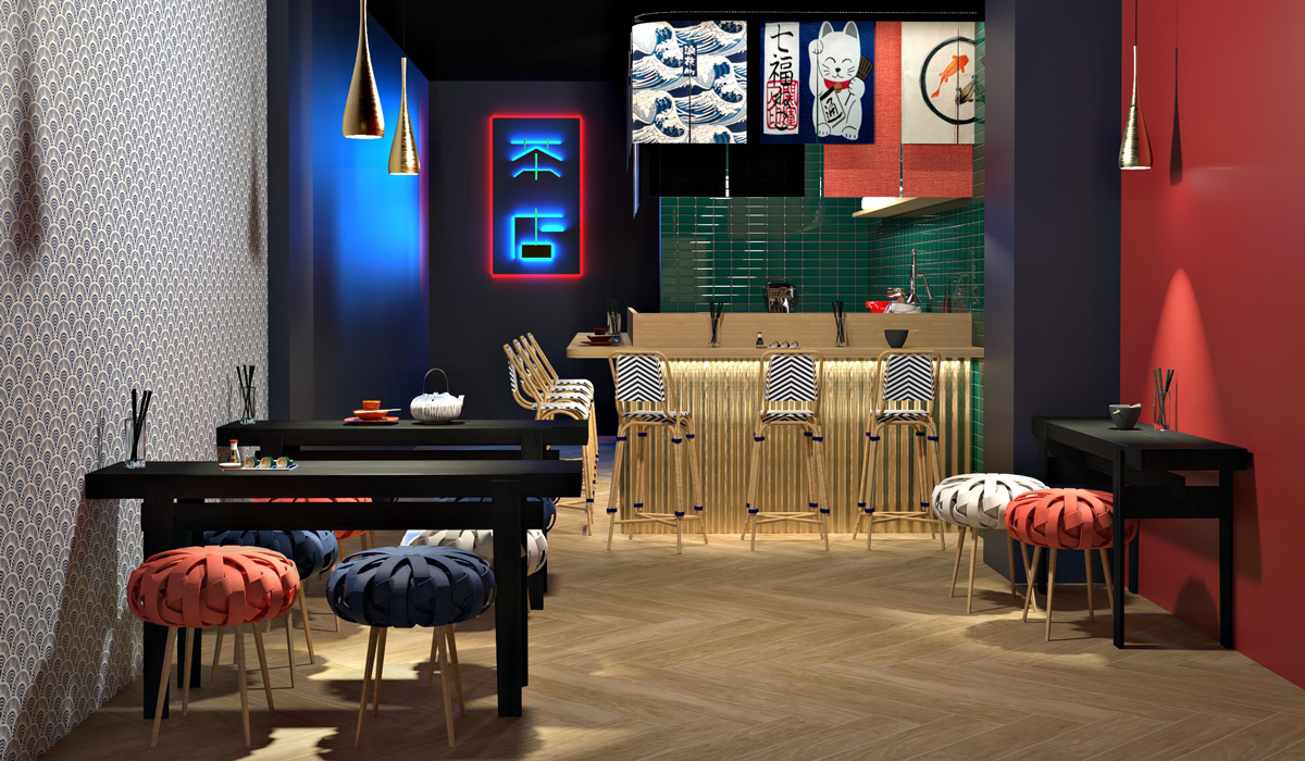 Wood look tile on floor of restaurant rendering