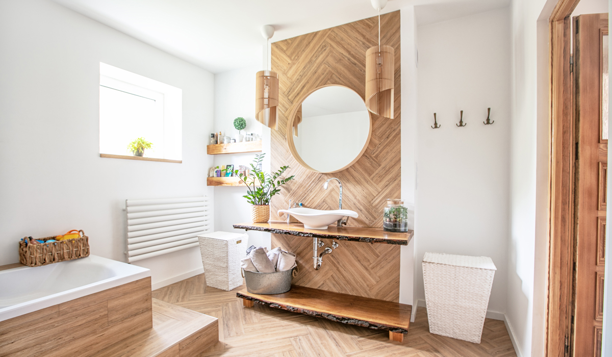 Bright modern bathroom with wood look tile accent areas
