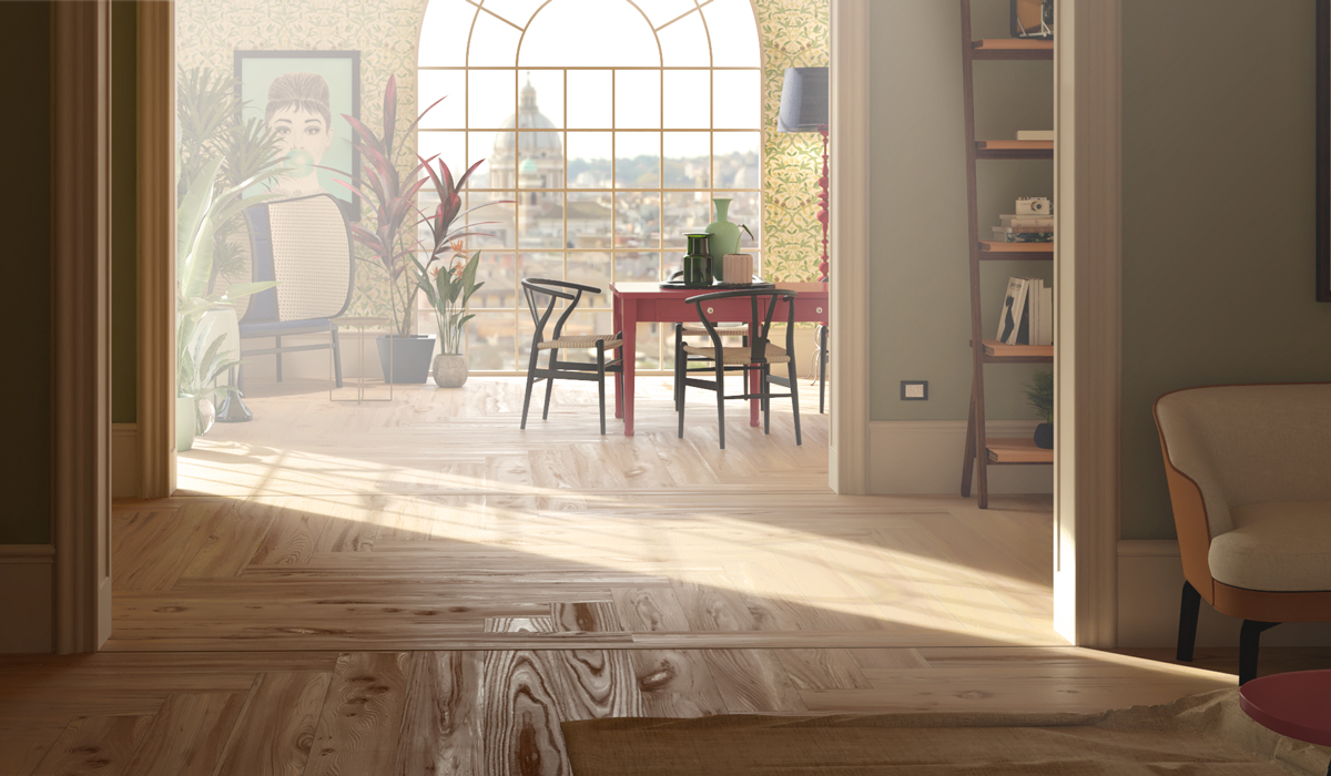 Living and dining area with wood look tile flooring
