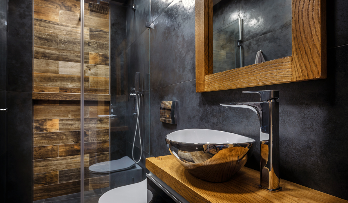 Modern bathroom with wood and dark tile