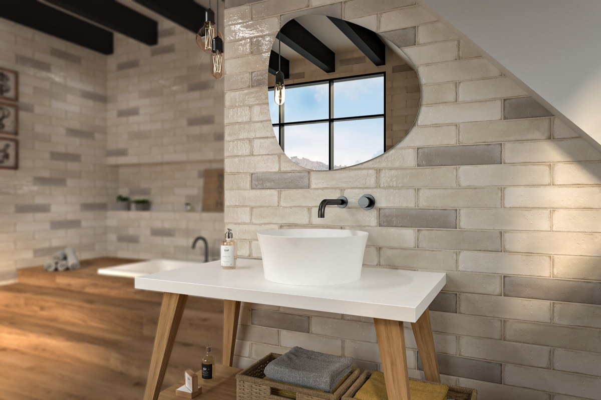 An industrial style bathroom that shows wall tile from the Klima collection from Ceramica Valsecchia