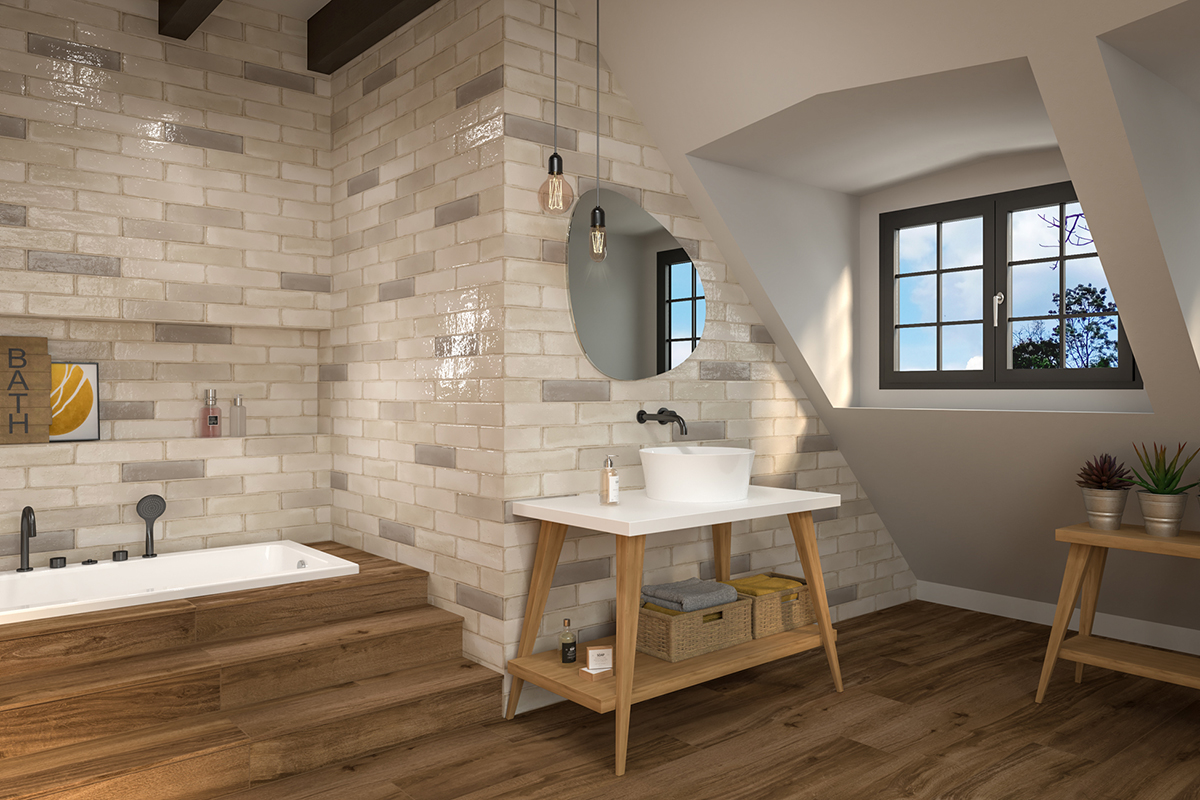 An industrial style bathroom showing floor and wall tile from Ceramica Valsecchia