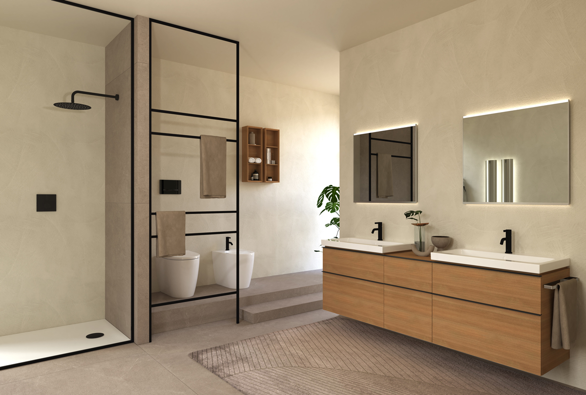 A contemporary bathroom featuring products by Geberit iCon collection