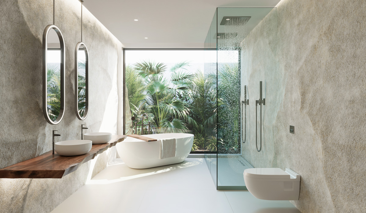 A rendering showing a modern grey cement bathroom