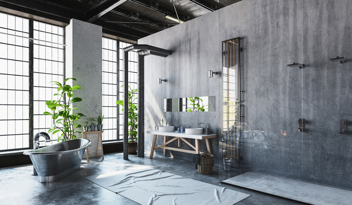 A rendering showing an industrial style bathroom