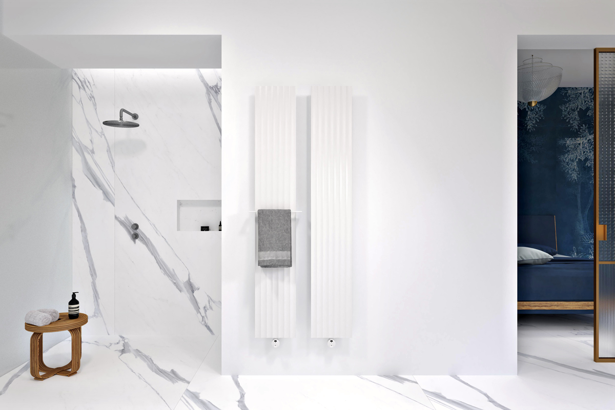 A rendering showing a white marble bathroom