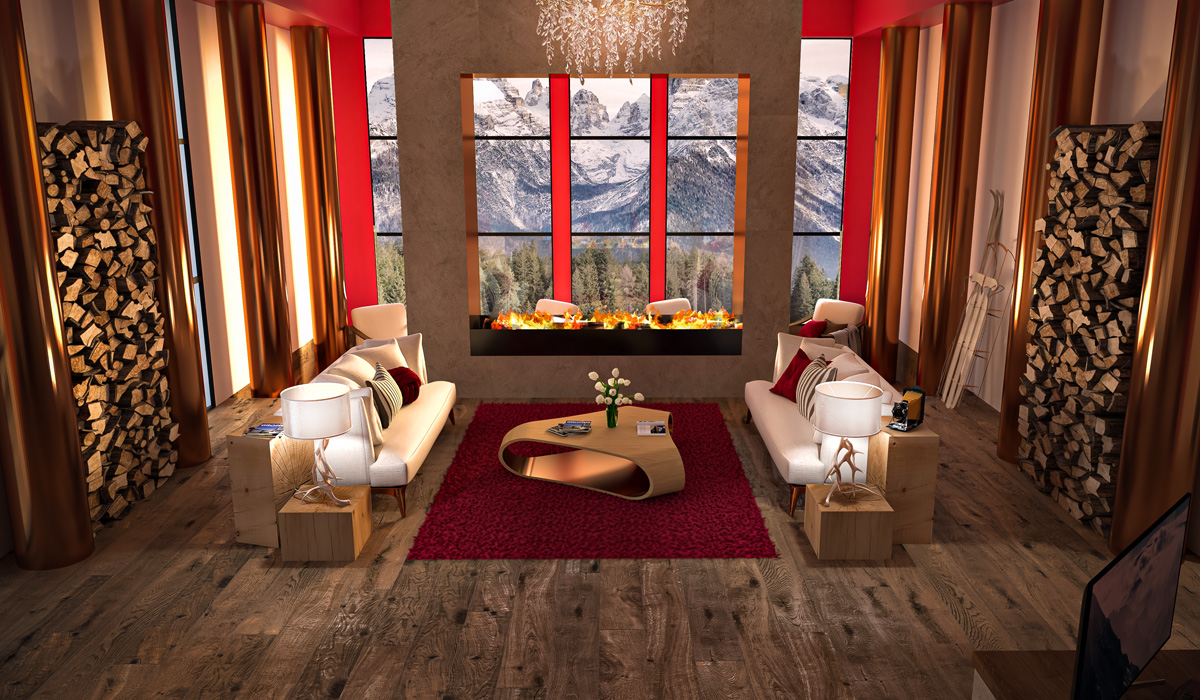 Rendering of January 2023 DomuS3D Project of the Month showing a boutique hotel lobby in the mountains, first view. 