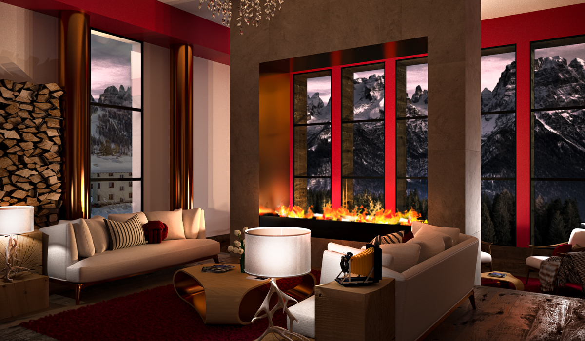 Rendering of January 2023 DomuS3D Project of the Month showing a boutique hotel lobby in the mountains, second view. 