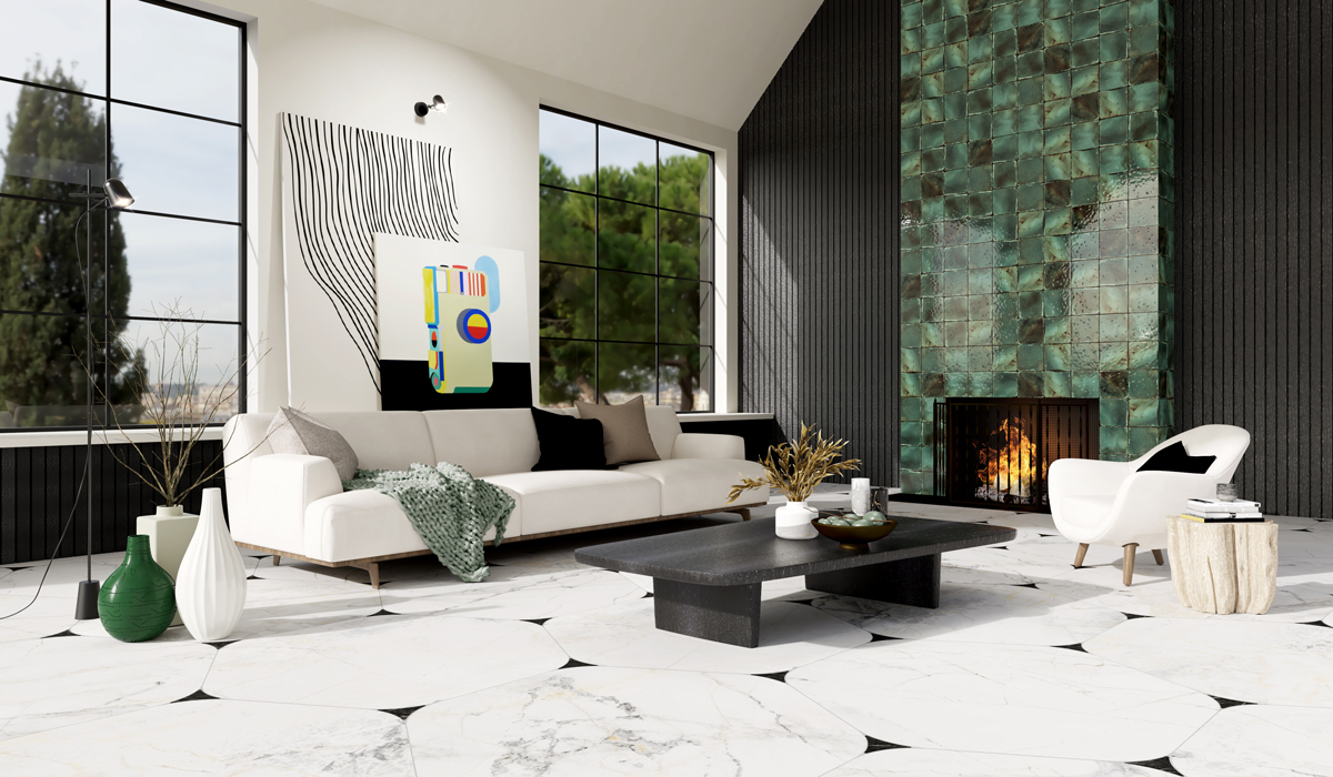 A living room with traditional and modern elements, rendering created with DomuS3D