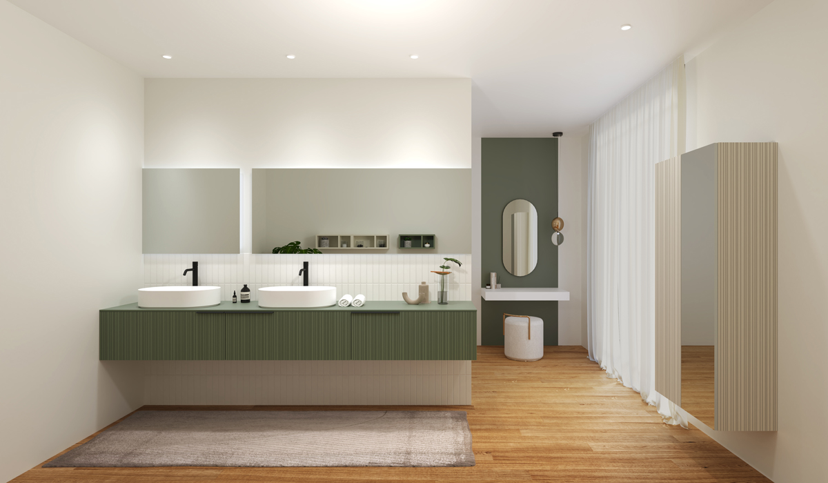 DomuS3D March 2023 Project of the Month Rendering showing a modern bathroom space featuring products from the Stocco Stilo collection
