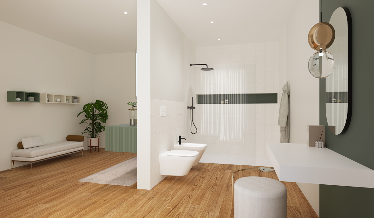 DomuS3D March 2023 Project of the Month Second view Rendering showing a modern bathroom space featuring products from the Stocco Stilo collection