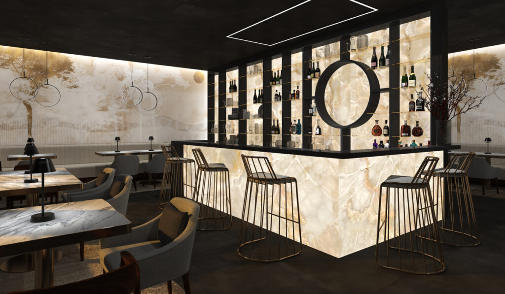 DomuS3D rendering showing the May 2023 Project of the Month, a trendy lounge bar featuring wall covering products by Italian company Tecnografica. 