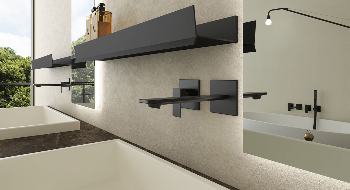 DomuS3D September Project of the month: an elegant and modern bathroom featuring Treemme's Q30 collection. Close up of faucet for washbasin.